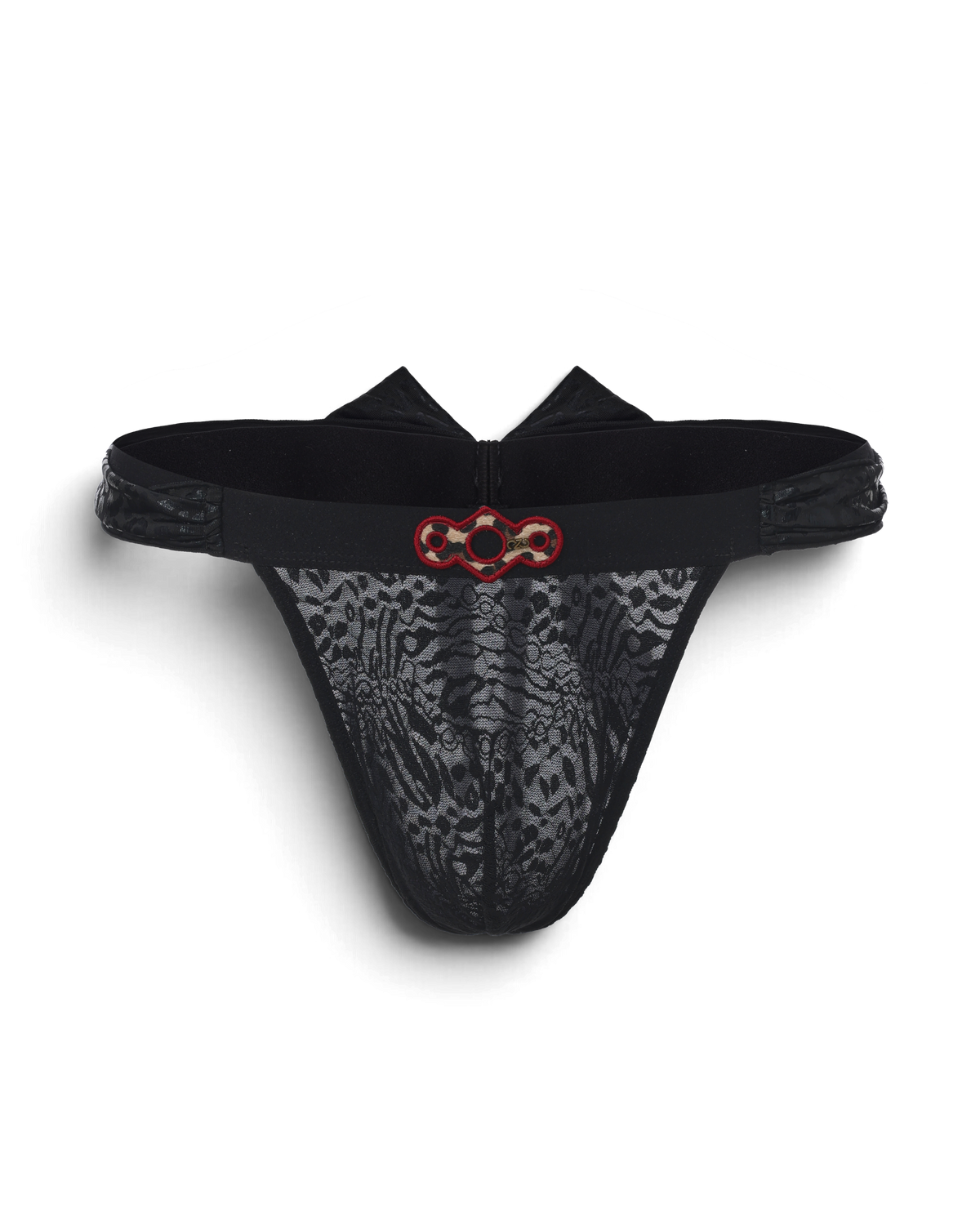 BSZN Black lace scarf-tie thong, front product view.
