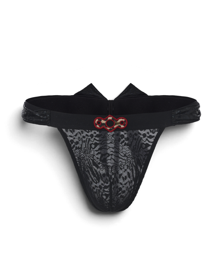 BSZN Black lace scarf-tie thong, front product view.