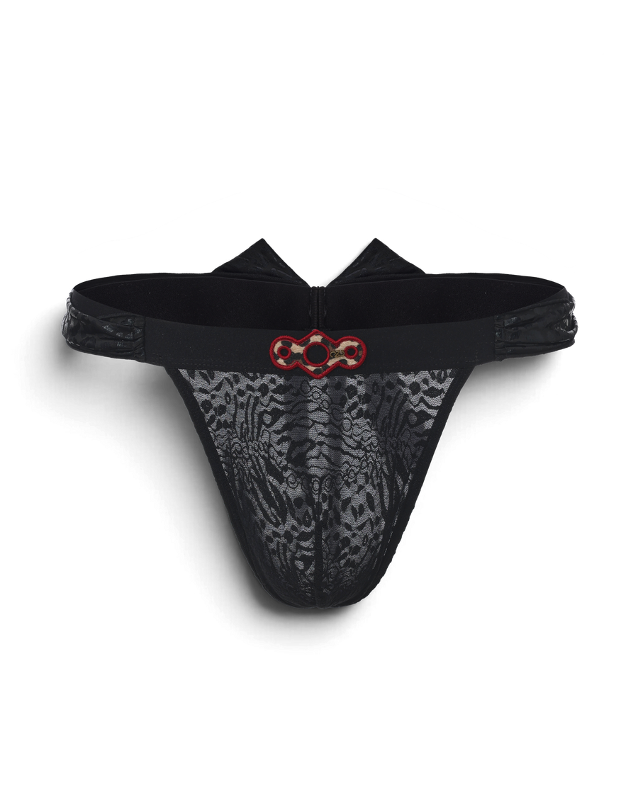 BSZN Black lace scarf-tie thong, front product view.