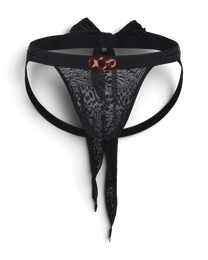 BSZN Black lace jockstrap, front product view with hanging ties.
