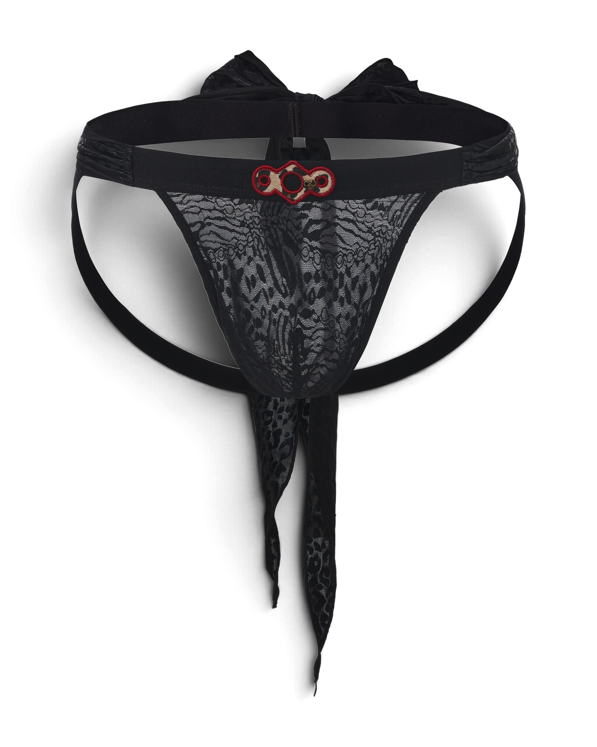 BSZN Black lace jockstrap, front product view with hanging ties.