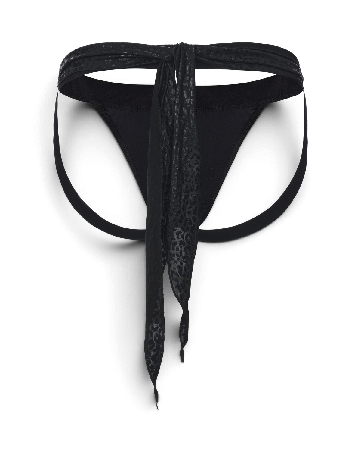 BSZN Black jockstrap, back product view with long scarf ties.