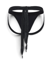 BSZN Black jockstrap, back product view with long scarf ties.