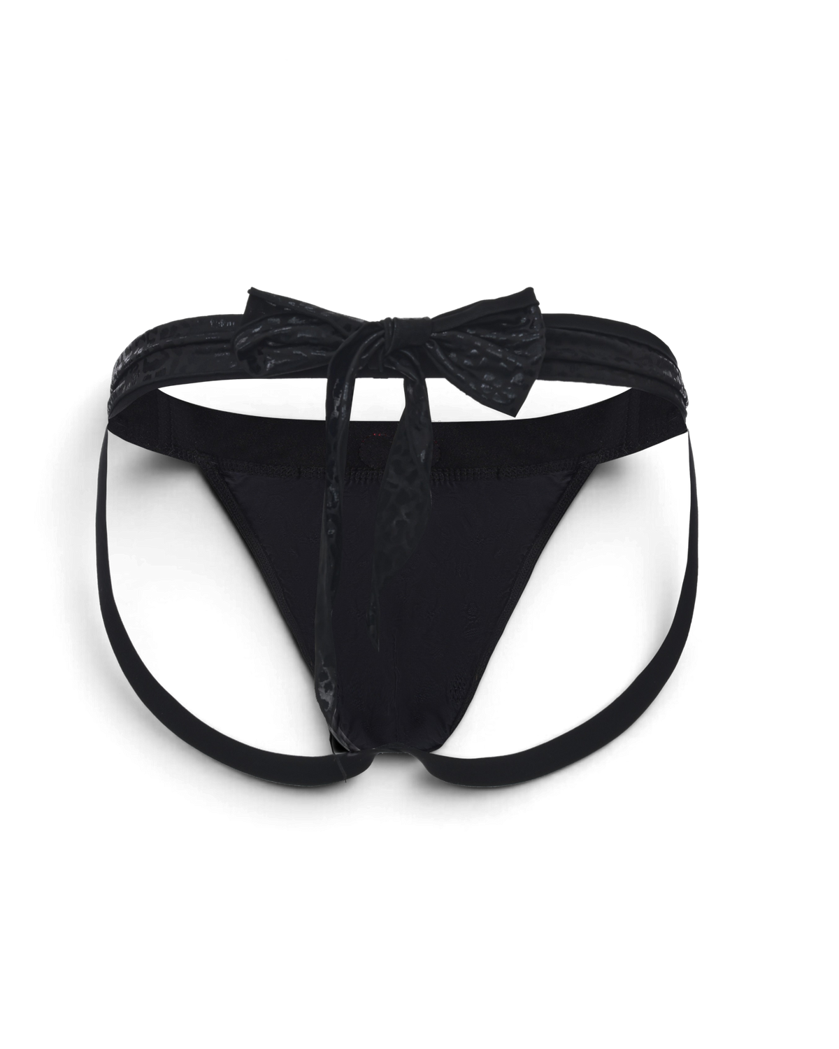 BSZN Black jockstrap, back product view with ties styled as a bow.