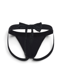 BSZN Black jockstrap, back product view with ties styled as a bow.