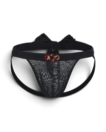 BSZN Black lace jockstrap, front product view with rear leg straps.