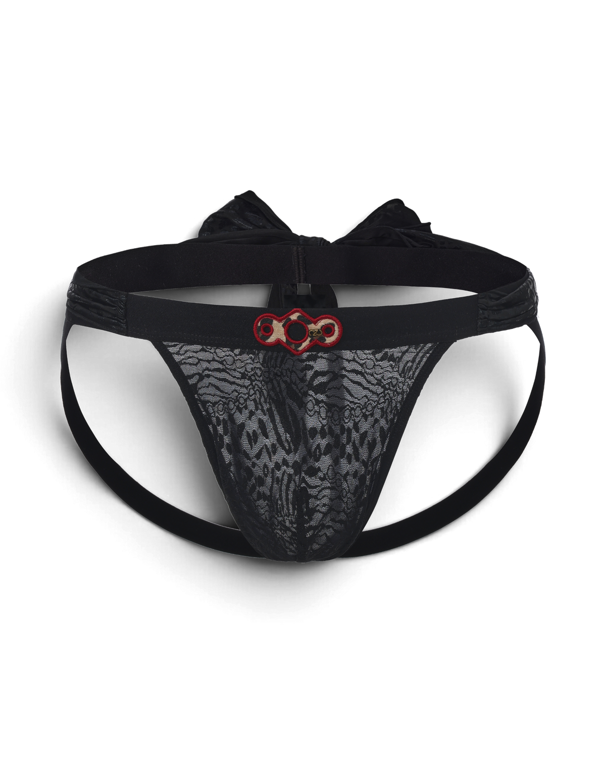 BSZN Black lace jockstrap, front product view with rear leg straps.