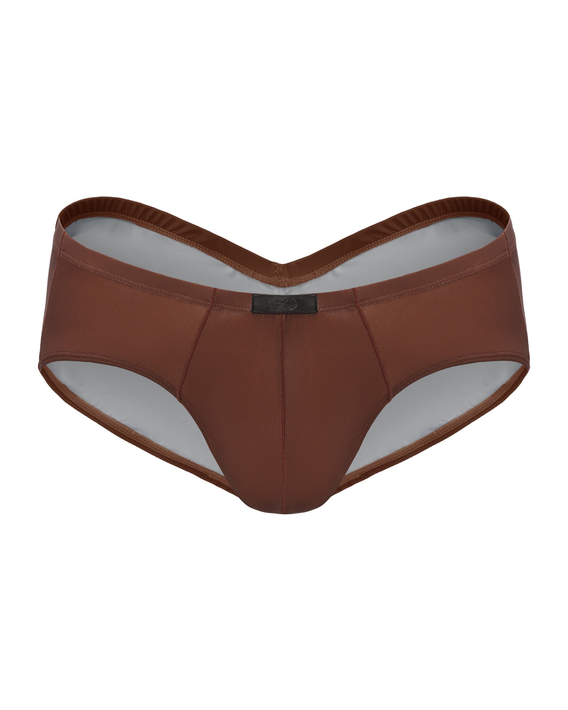 BSZN Sheer V-Waist Ruched-Back Brief, brown colorway, front product view