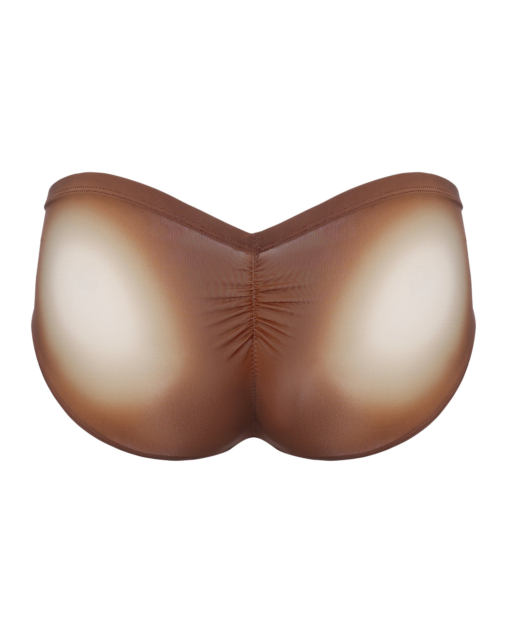 BSZN Sheer V-Waist Ruched-Back Brief, brown colorway, rear product view