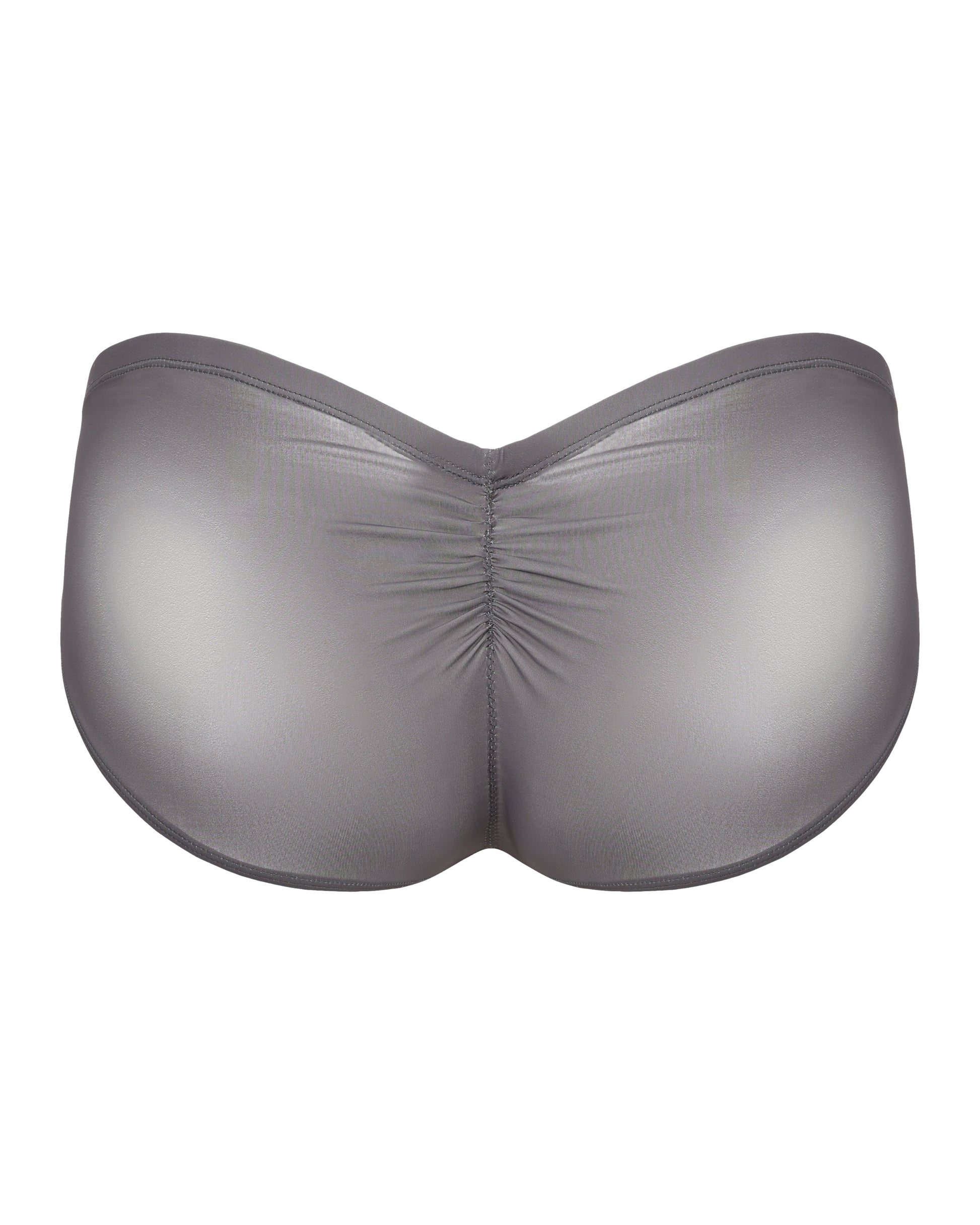 BSZN Sheer V-Waist Ruched-Back Brief, smoke gray colorway, rear product view