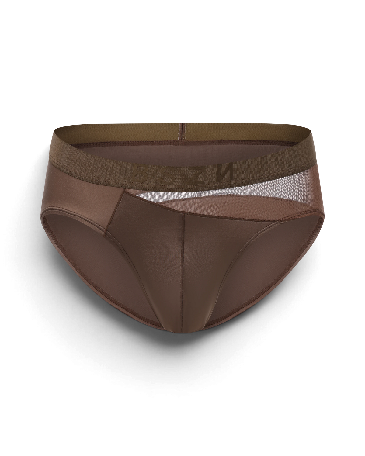 BSZN Midnight Shimmer Mesh-Panel Brief — Brown front product view.