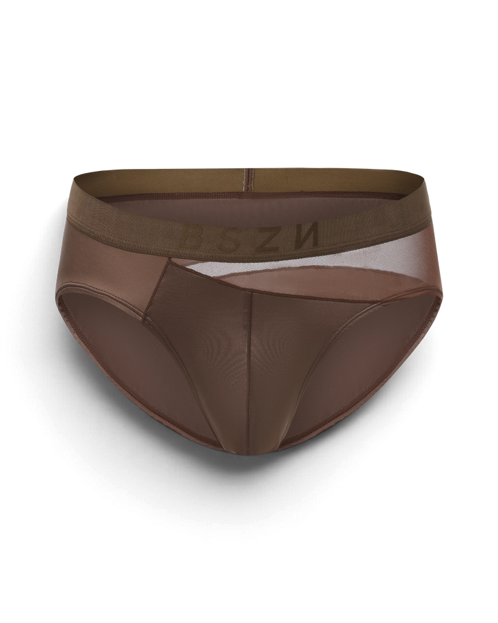 BSZN Midnight Shimmer Mesh-Panel Brief — Brown front product view.