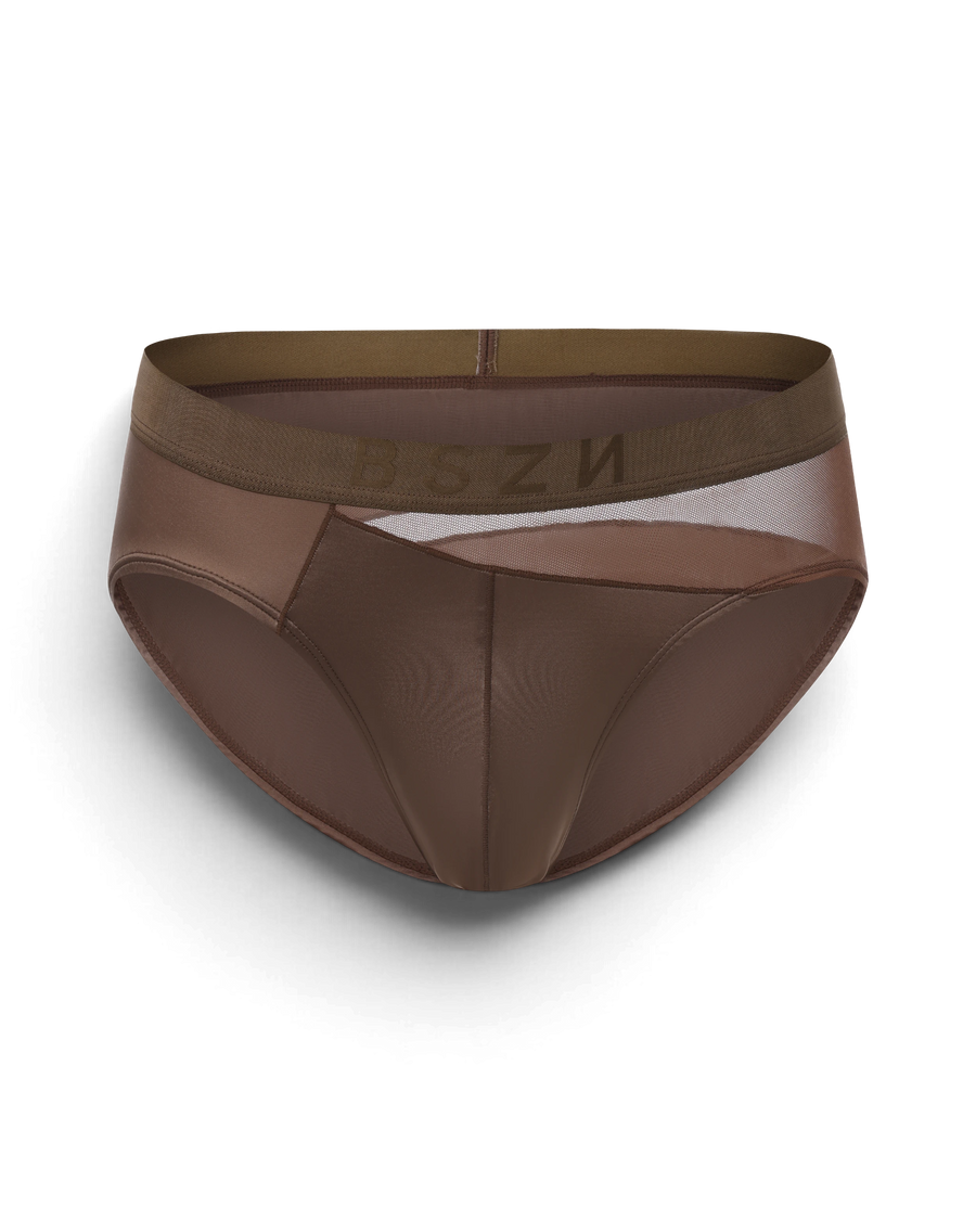 BSZN Midnight Shimmer Mesh-Panel Brief — Brown front product view.