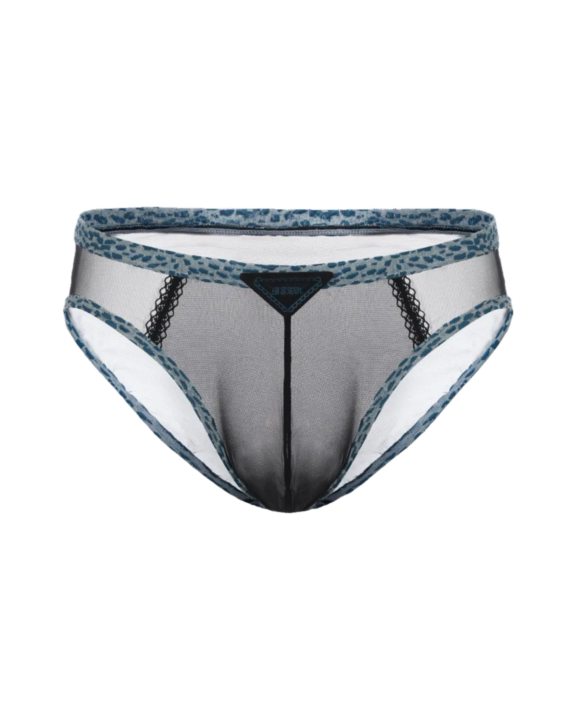 BSZN Contrast Animal-Print Mesh Brief in black with blue trim, front view