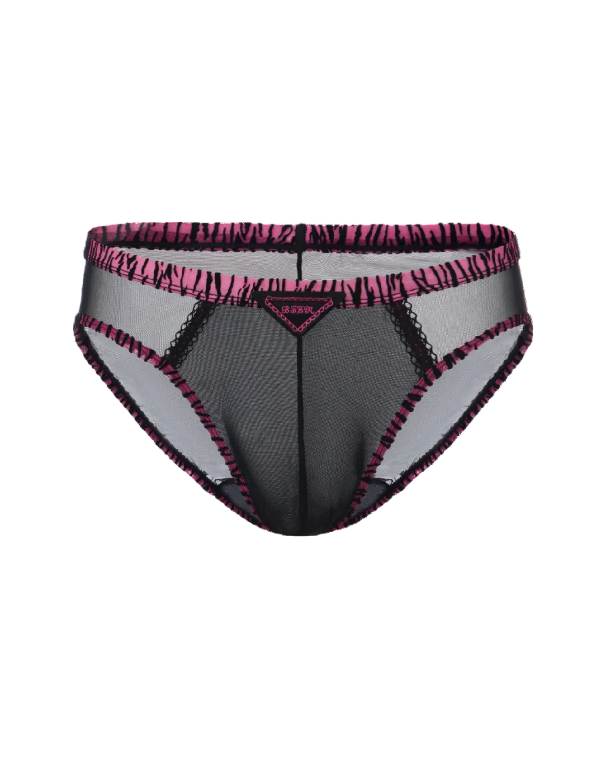 BSZN Contrast Animal-Print Mesh Brief in black with pink trim, front view
