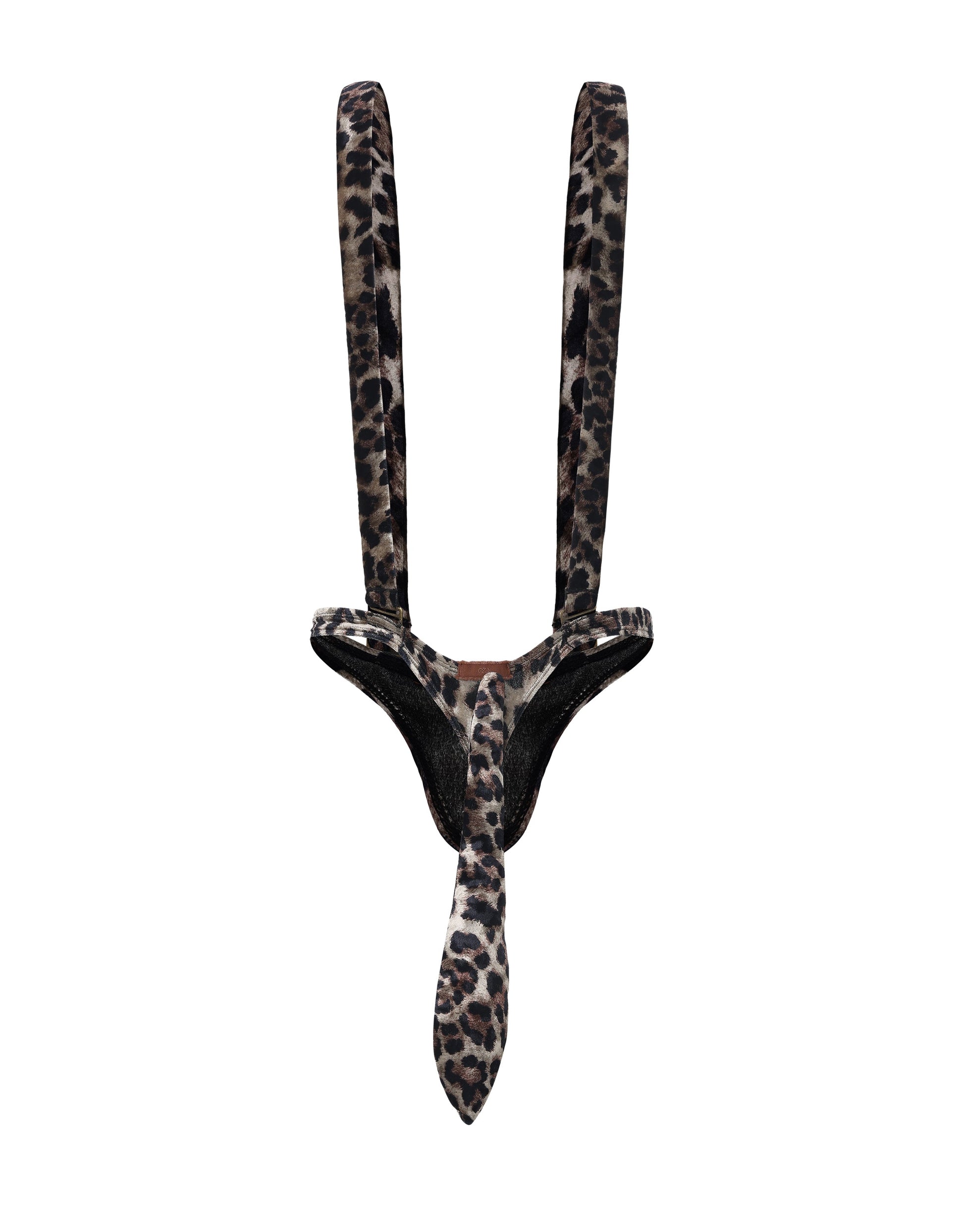 BSZN Leopard Velvet Body Harness, in leopard velvet, front product view with suspender straps and tail