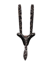 BSZN Leopard Velvet Body Harness, in leopard velvet, front product view with suspender straps and tail