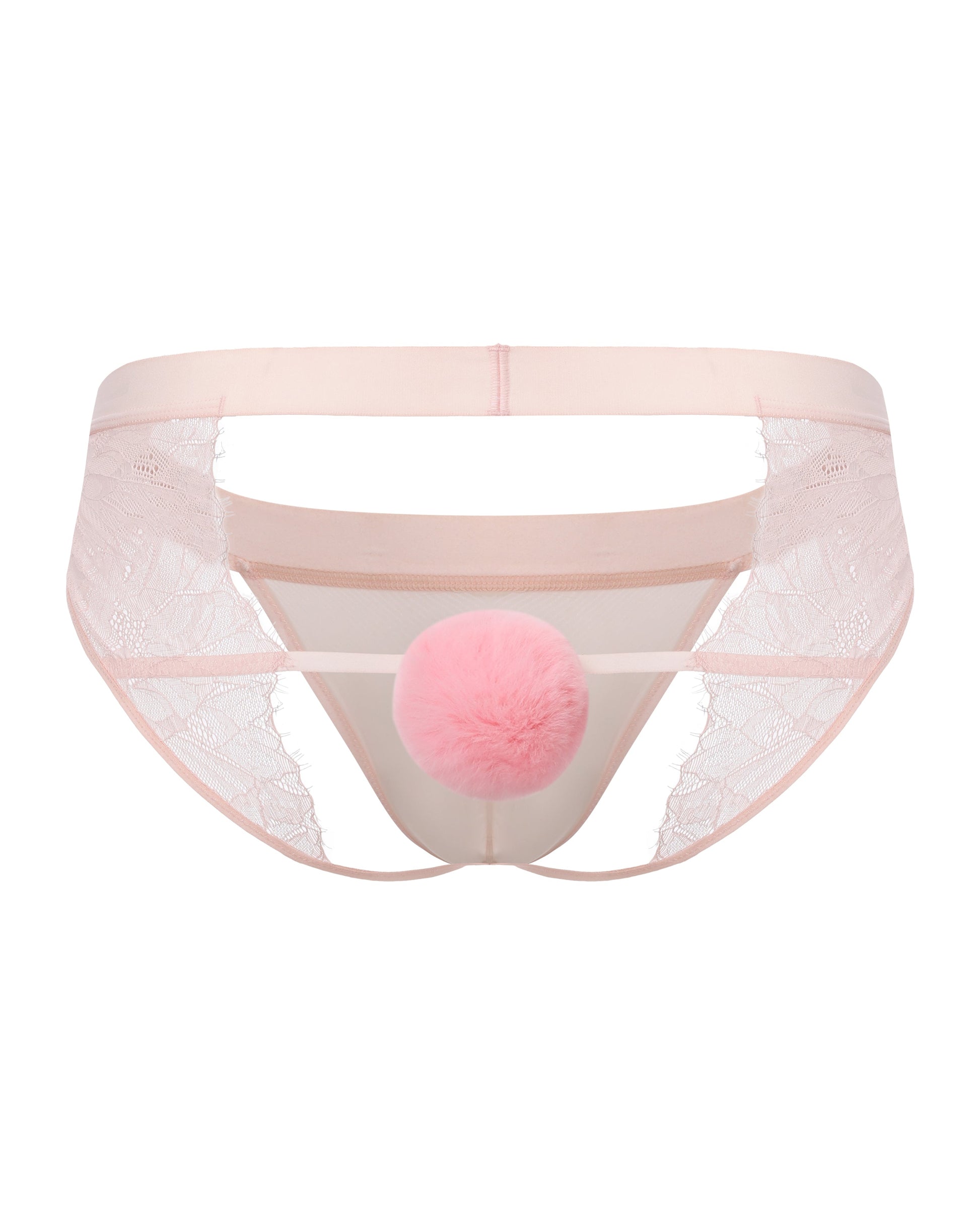 BSZN Pom-Pom Lace Jockstrap, rear product view with bright pink pom-pom