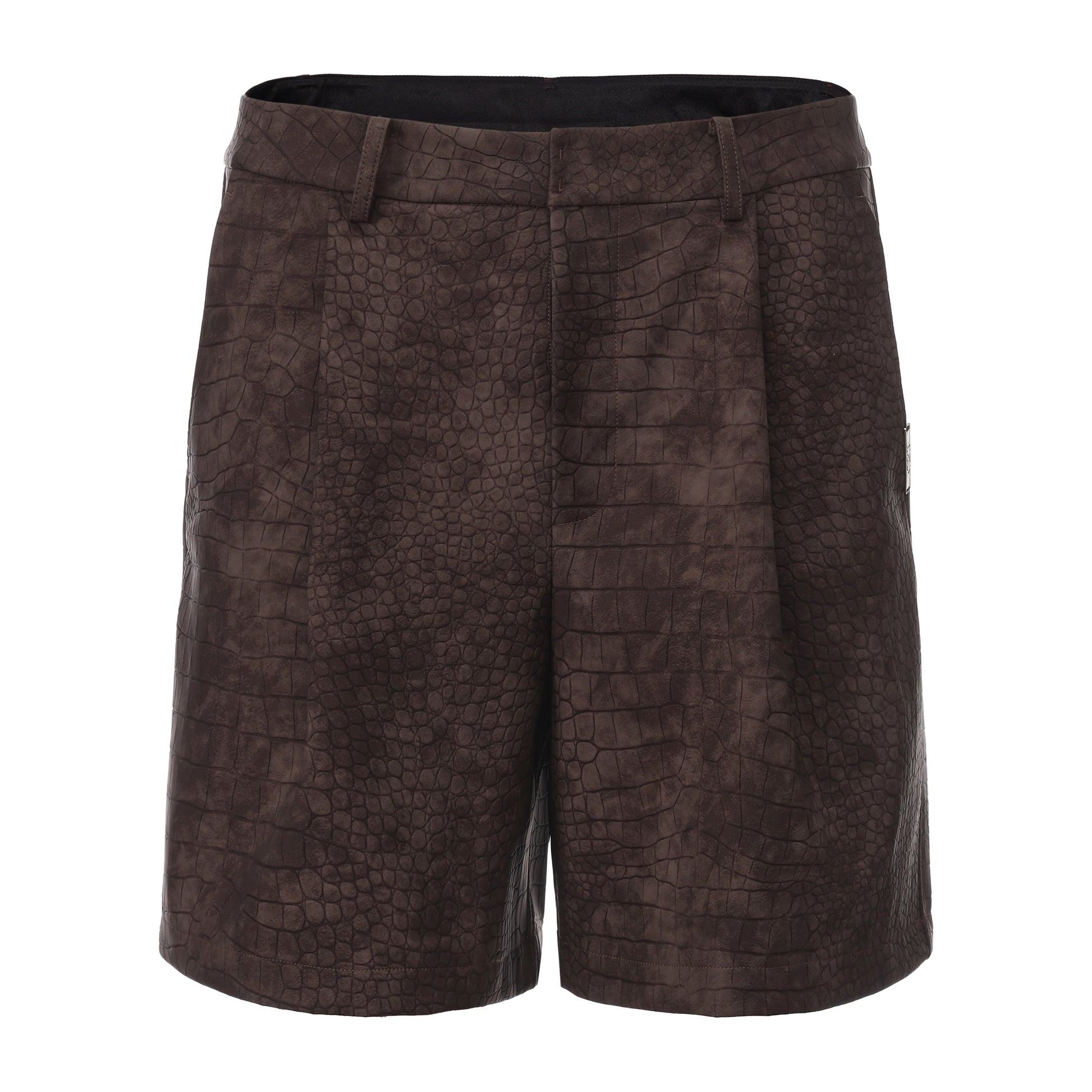 BSZN Reptile-Embossed Tailored Shorts in brown, product front view