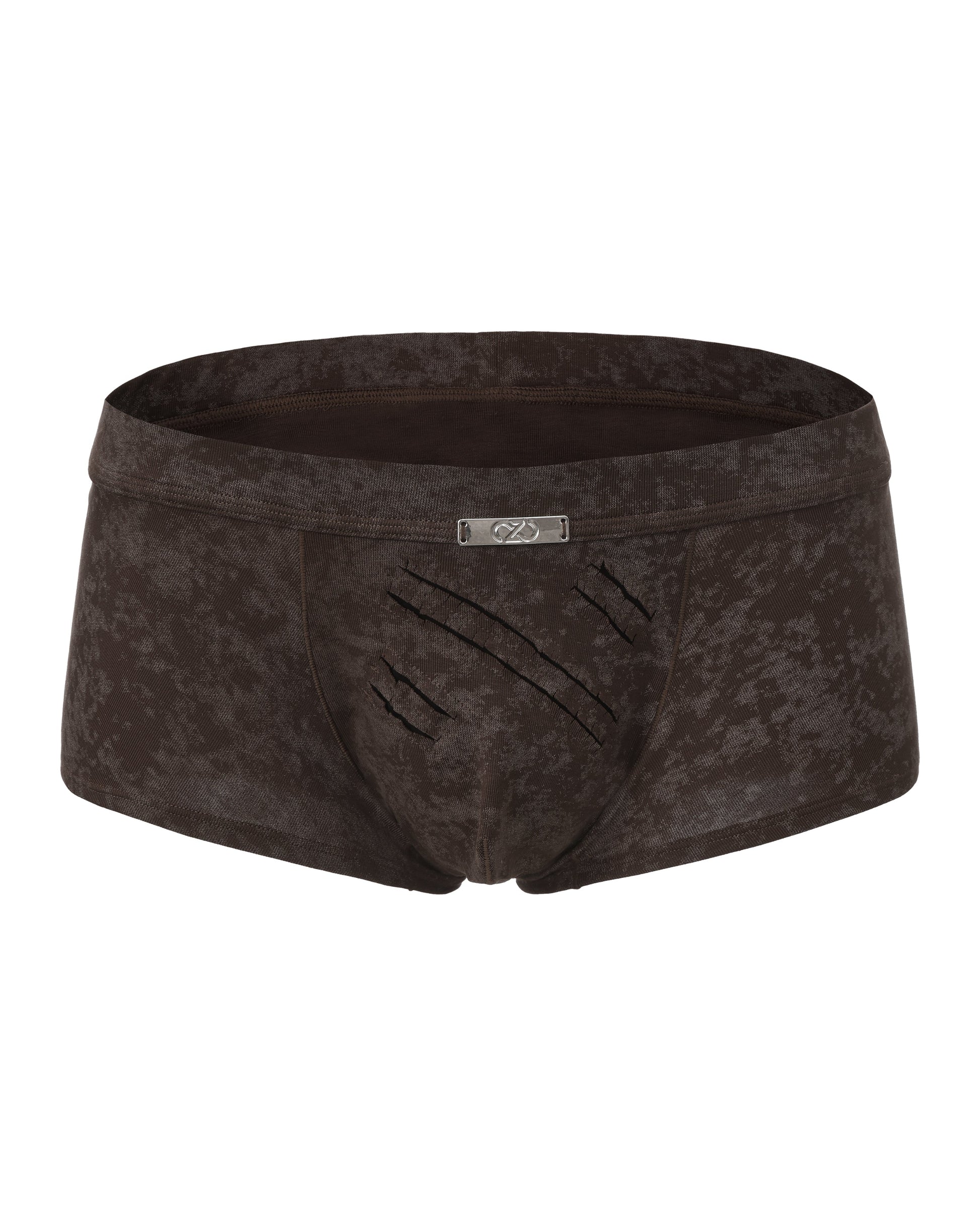BSZN Eternal Trace Slash-Cut Trunk in mottled brown, product front view with waist plaque