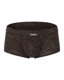 BSZN Eternal Trace Slash-Cut Trunk in mottled brown, product front view with waist plaque