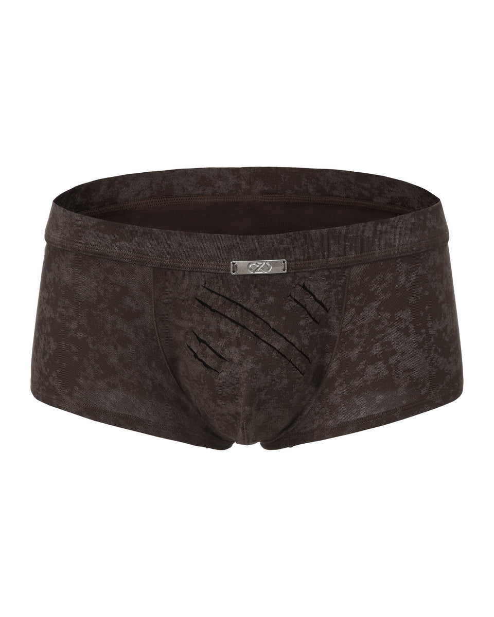 BSZN Eternal Trace Slash-Cut Trunk in mottled brown, product front view with waist plaque