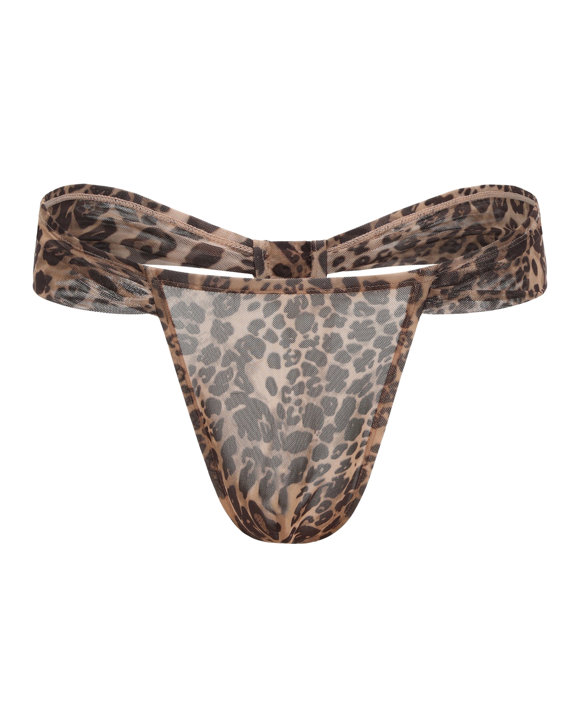 BSZN Animal-Print Cutout Mesh Thong, tan and brown leopard colorway, front product view