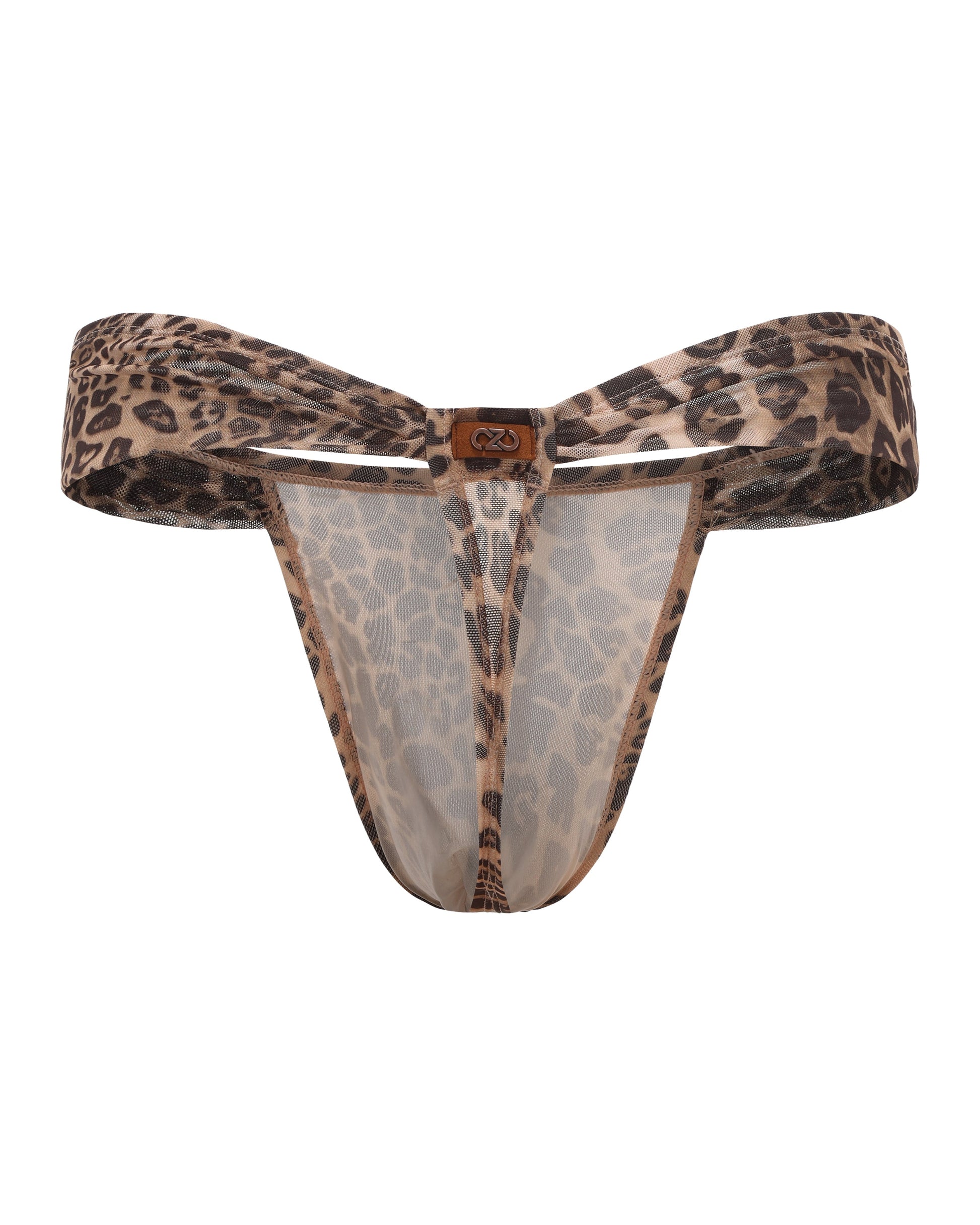 BSZN Animal-Print Cutout Mesh Thong, leopard colorway, rear product view with metal logo plaque