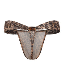 BSZN Animal-Print Cutout Mesh Thong, leopard colorway, rear product view with metal logo plaque