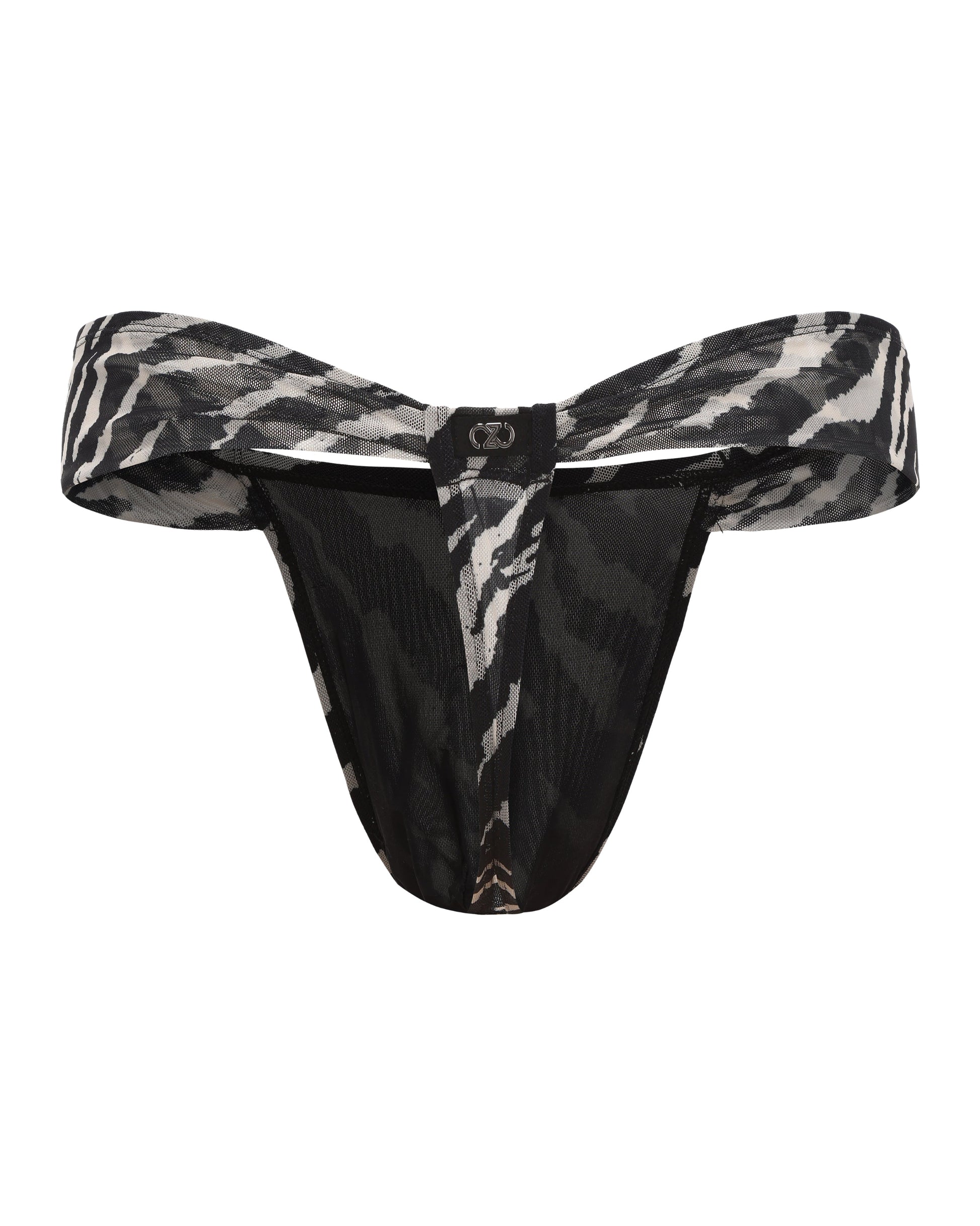 BSZN Animal-Print Cutout Mesh Thong, zebra colorway, rear product view with metal logo plaque