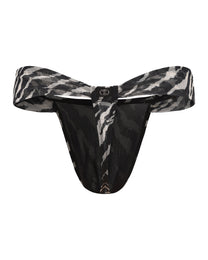 BSZN Animal-Print Cutout Mesh Thong, zebra colorway, rear product view with metal logo plaque
