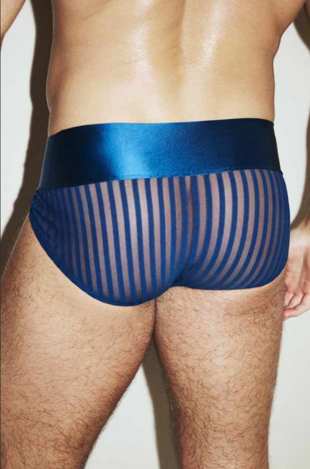 Model wearing the BSZN Ruched Sailor Stripe Mesh Brief, rear view