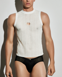 BSZN Distressed Trace Heart-Cutout Tank Top, in white on model, front view