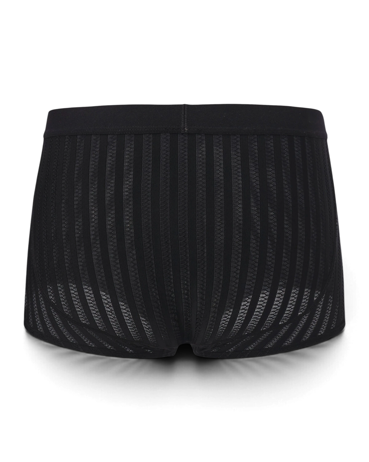 BSZN Bold Gentleman Trunk 采用黑色半透明透气面料，带有垂直条纹纹理和后部塑形接缝设计。