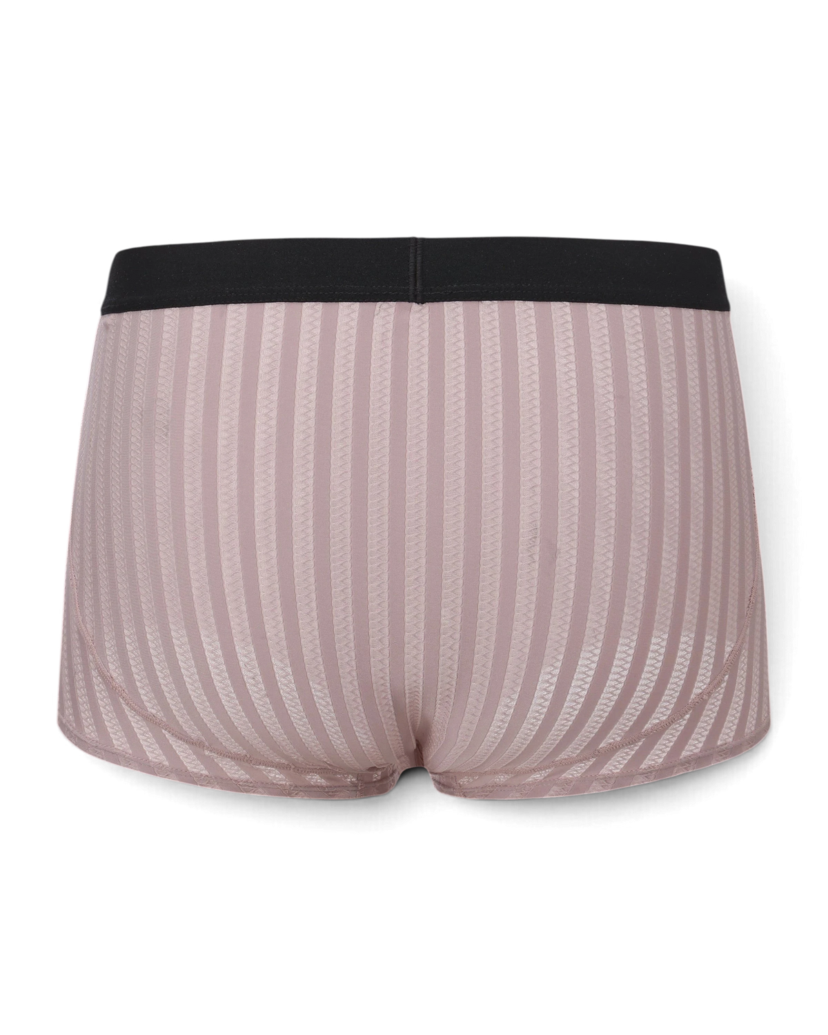 BSZN Bold Gentleman Trunk，灰蓝色半透明男士平角内裤，带有垂直条纹纹理和黑色弹性腰带，背面设计有提臀缝线。