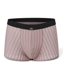 BSZN Bold Gentleman Trunk 采用灰蓝色半透明条纹面料，配有黑色腰带和透气镂空设计，展现修身剪裁。