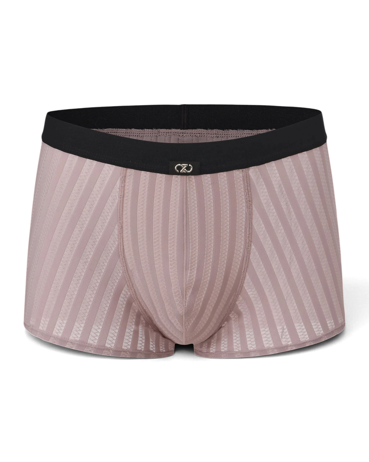 BSZN Bold Gentleman Trunk 采用灰蓝色半透明条纹面料，配有黑色腰带和透气镂空设计，展现修身剪裁。