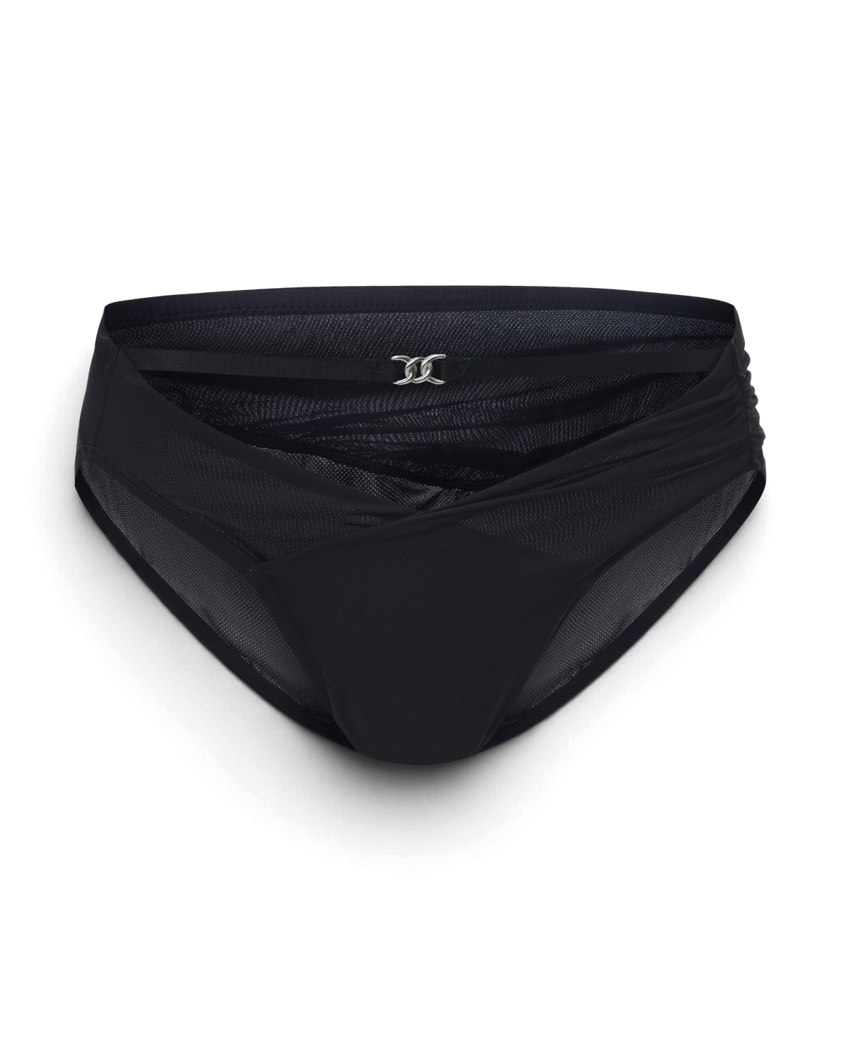 BSZN Shimmer Mesh V-Waist Chain Brief — Black front product view.