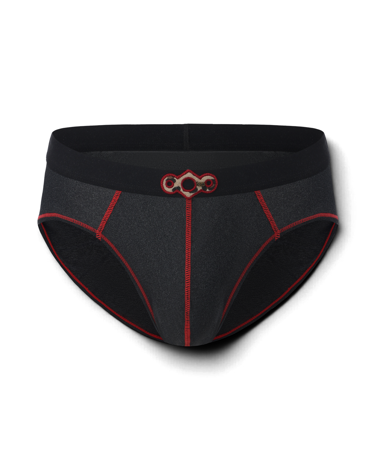 BSZN Spiderweb Heart Cutout Brief — Black front product view with red seams.