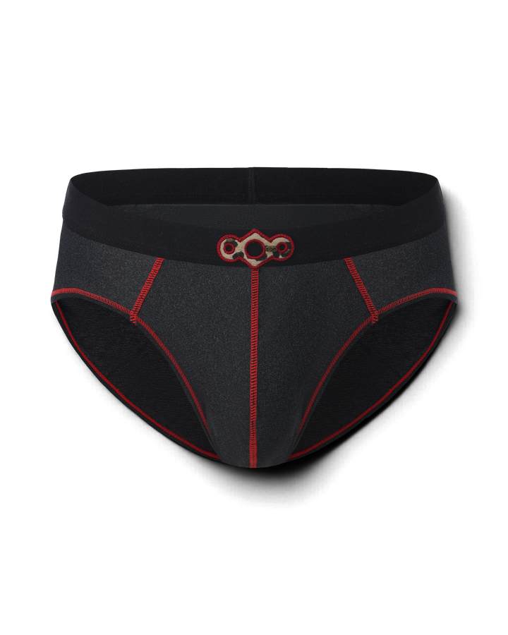 BSZN Spiderweb Heart Cutout Brief — Black front product view with red seams.