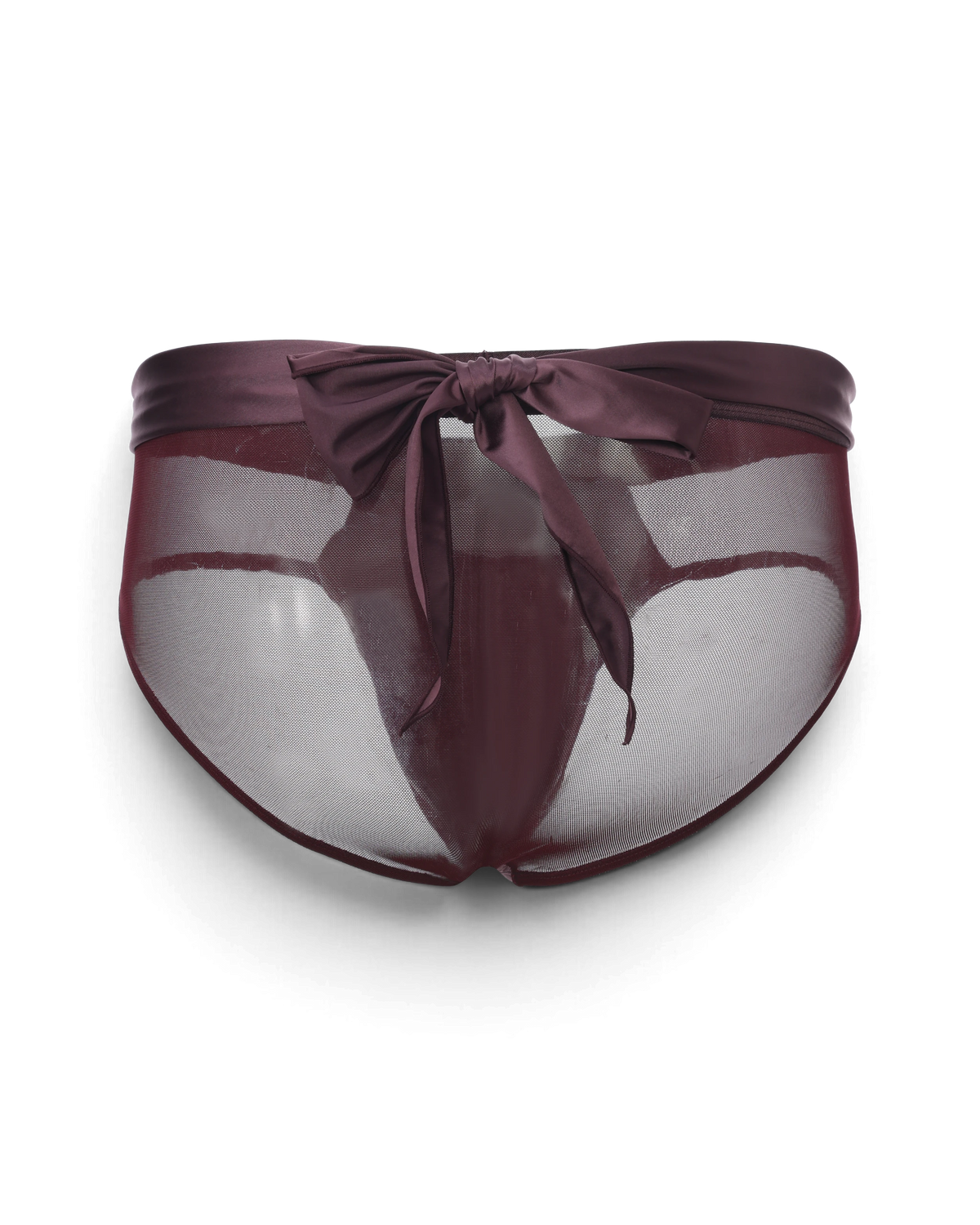 BSZN Satin Scarf Mesh Brief — Purple front with scarf tied at waist.