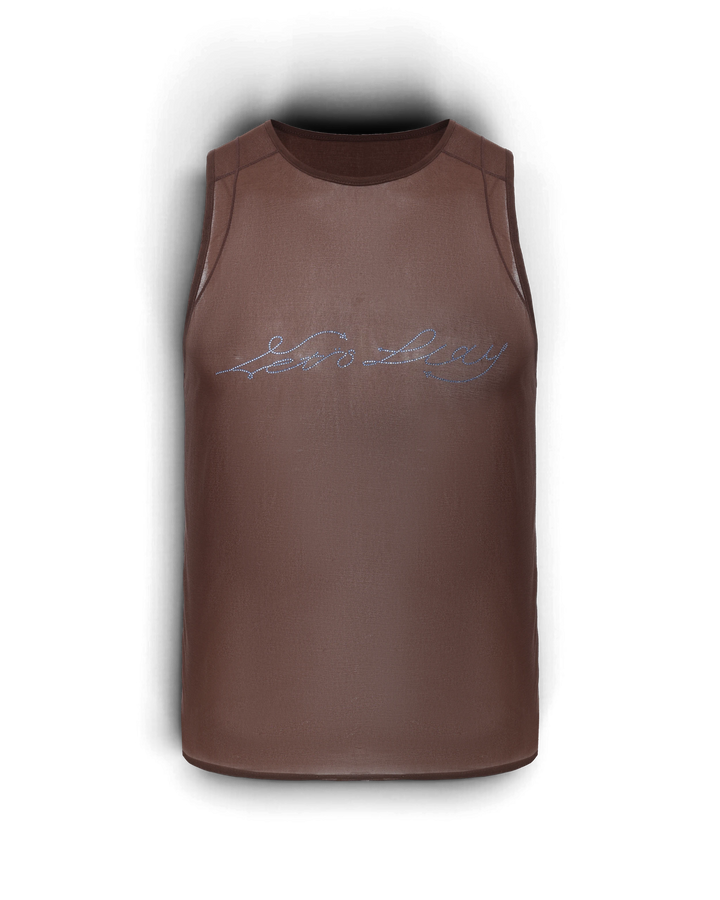 BSZN Crystal Sheer Tank Top — Brown front product view.