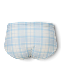 BSZN Sailor Shark Plaid Brief 背面视图，采用浅蓝色和白色格纹尼龙弹力面料，提供全覆盖剪裁。