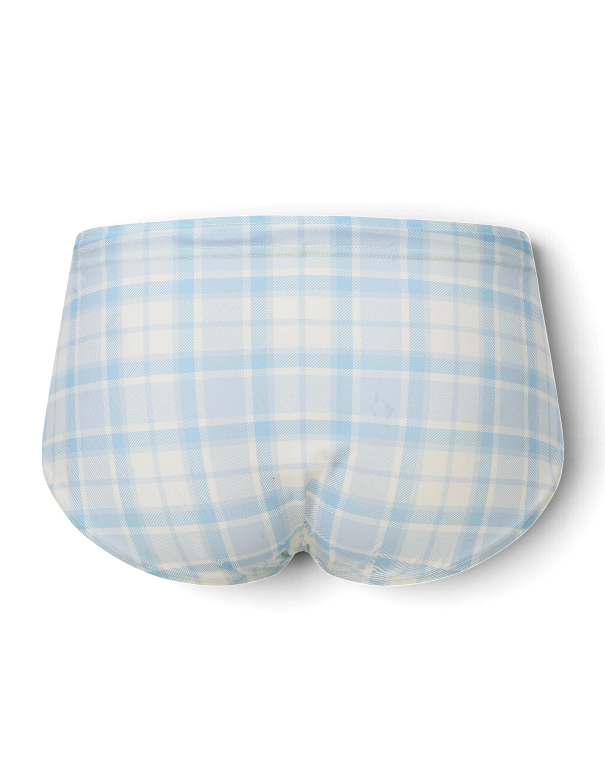 BSZN Sailor Shark Plaid Brief 背面视图，采用浅蓝色和白色格纹尼龙弹力面料，提供全覆盖剪裁。