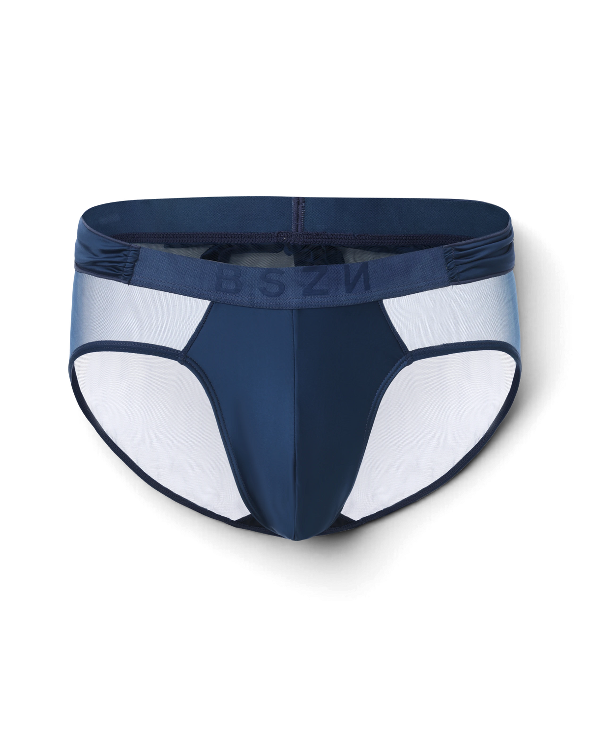 BSZN Satin Scarf Mesh Brief — Blue front product view.