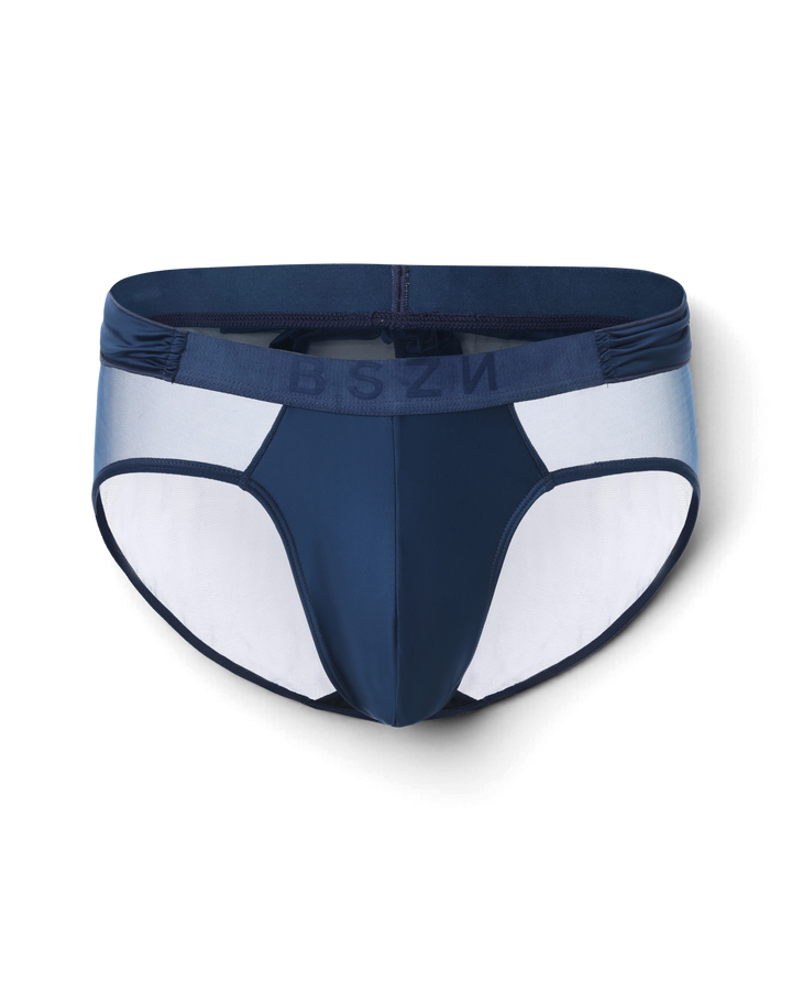 BSZN Satin Scarf Mesh Brief — Blue front product view.