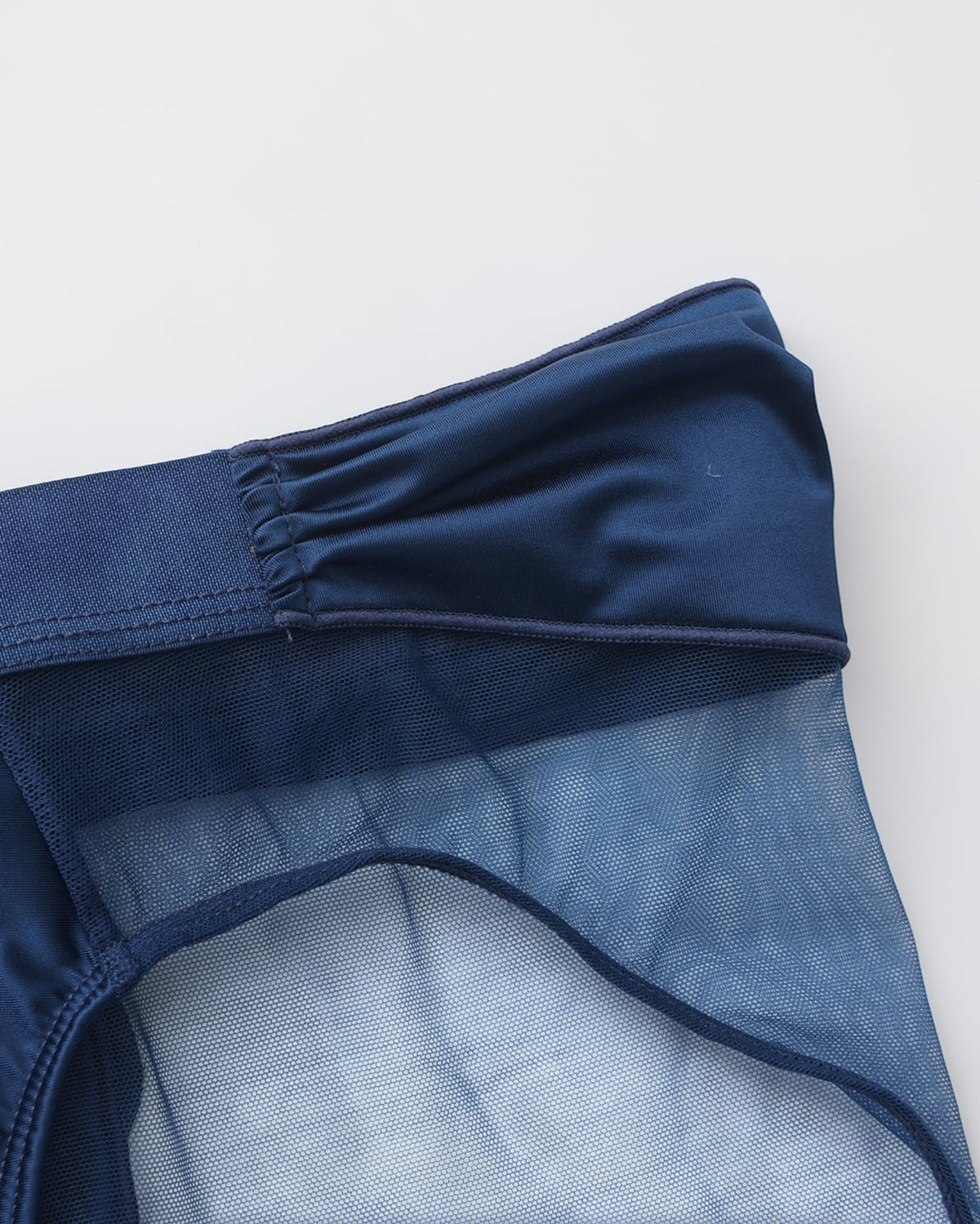 BSZN Satin Scarf Mesh Brief — Blue side tie attachment.