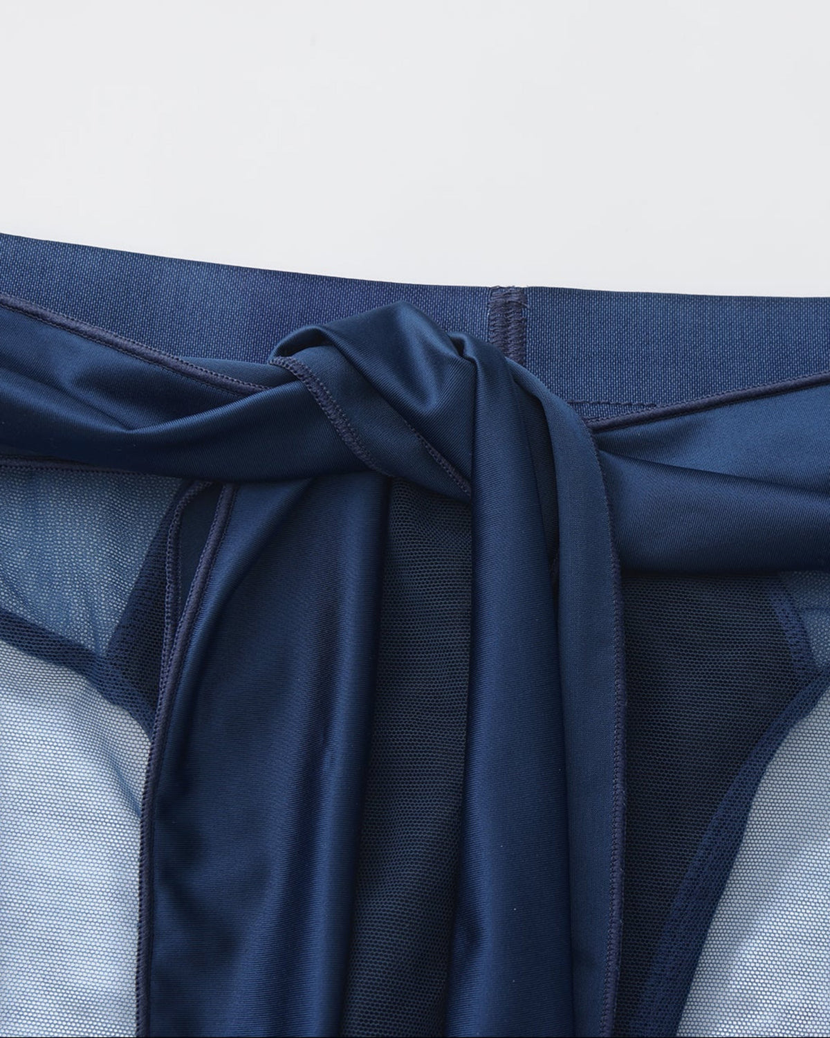 BSZN Satin Scarf Mesh Brief — Blue scarf knot detail.