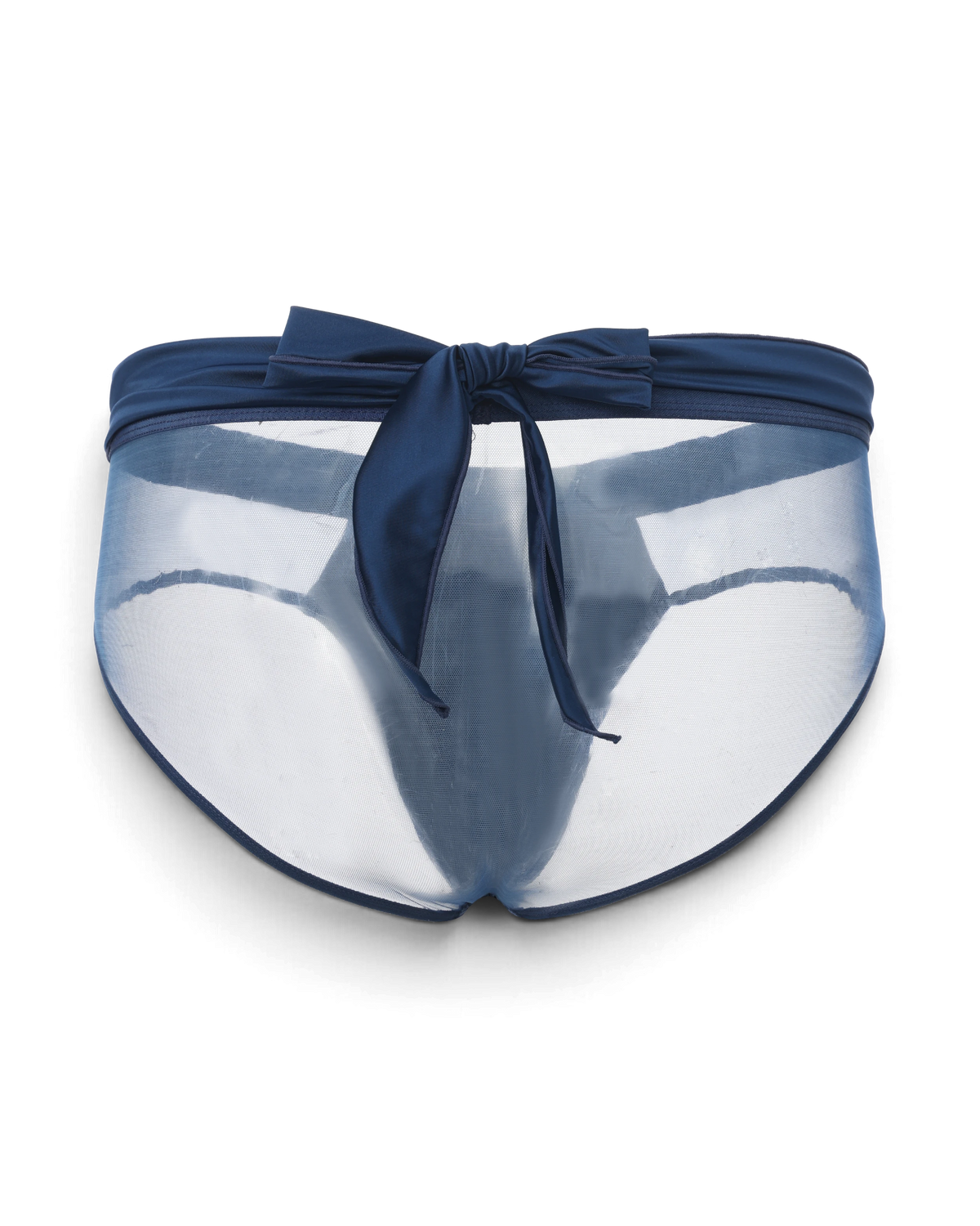 BSZN Satin Scarf Mesh Brief — Blue front with scarf tied at waist.