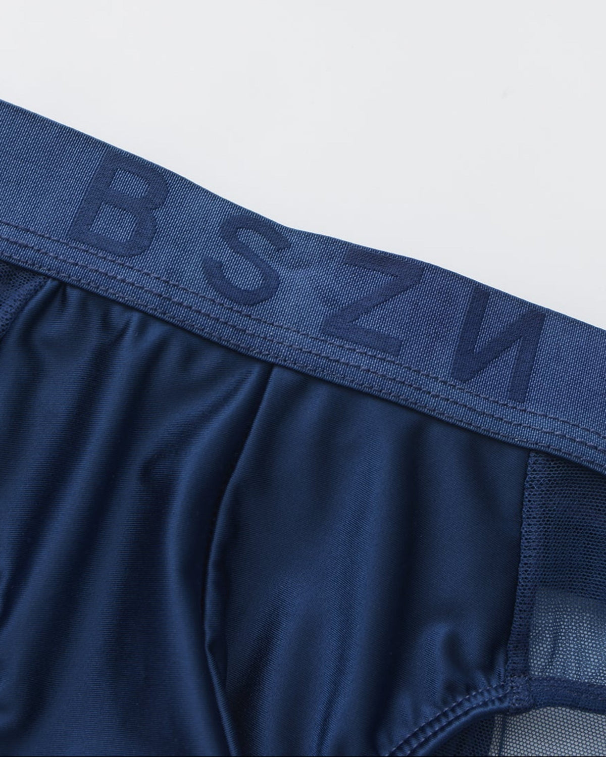 BSZN Satin Scarf Mesh Brief — Blue BSZN waistband detail.